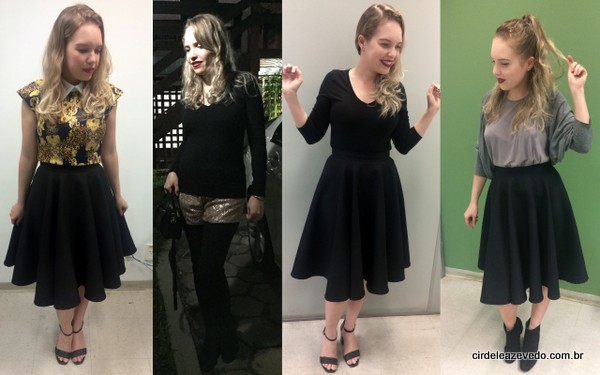 Look 1 - saia midi preta com blusa estampada; Look 2 - shorts com brilho, legging preta e malha preta; Look 3 - malha preta com saia midi também preta; e look 4 - regata cinza, casaco cinza e saia midi preta