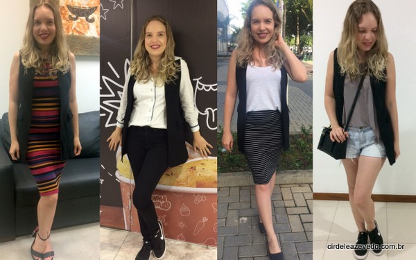 Look 1 - vestido listrado com colete preto; Look 2 - camisa branca, calça preta e colete preto; Loo3 - Saia listrada preto e brancom, com camiseta branca e o colete preto; Look 4- shorts jeans, camiseta cinza e colete preto