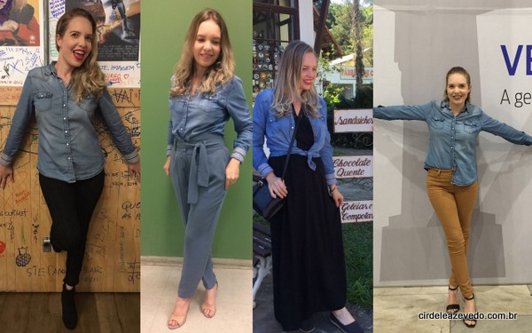 CAmias jens compondo quatro looks. O primeiro com calça preta; o segundo com calça social azul claro, o terceiro com vestido longo preto; e o quarto com calça marrom