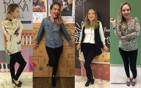 Calça preta compondo quatro looks. O primeiro com blusa estampada; o segundo com camisa jeans; o terceiro com camisa social branca; e o quarto com blusa de animal print