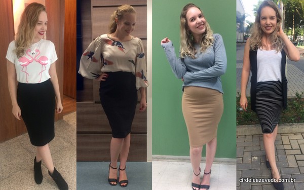 Saia lápis social preta com camiseta de flamingos e depois com blusa estampada. Saia lápis marrom com malha cinza e saia lápis listrada com camiseta branca e colete preto