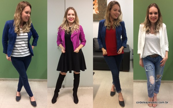 Calça azul marinho com blusa listrada e blazer azul; vestido peto com jaqueta rosa; calça azul marinho com blusa vermelha e blazer azul; e calça jeans com camiseta branca e blazer off white