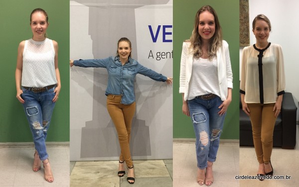 CAlça jeans com blusa branca; calça marrom com camisa jeans; calça jeans com camiseta branca e blazer off white; calça marrom com camisa bege com detalhes de lacinhos preto na frente