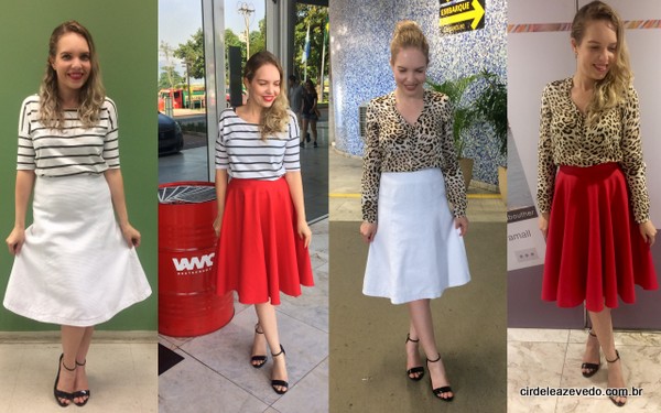 Blusa listrada com saia branca; blusa listrada com saia vermelha; blusa animal print com saia branca; e blusa animal print com blusa de animal print