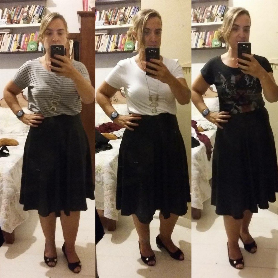Sabrina usa saia midi preta com camiseta cinza, branca e preta