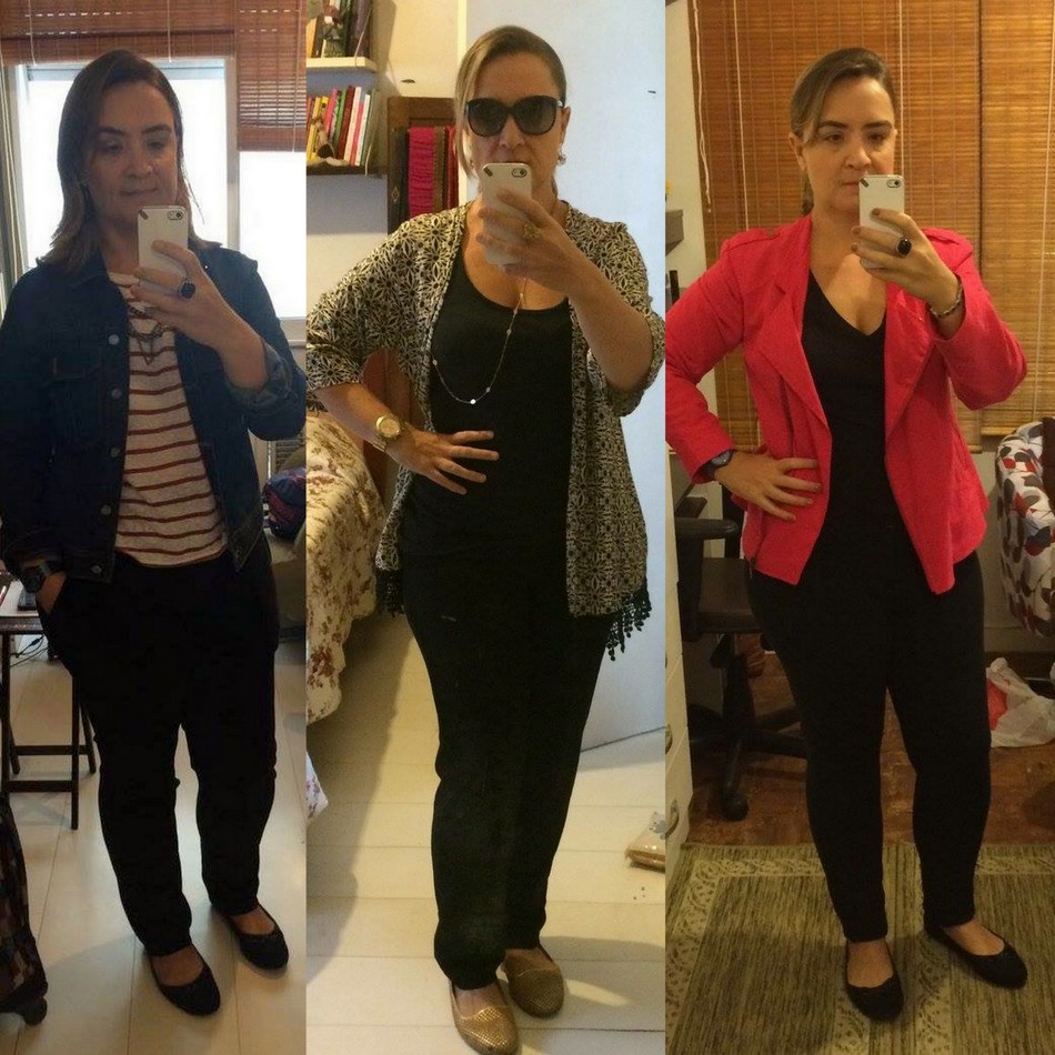 Sabrina investe na jaqueta jeans, kimono colorido e blazer vermelho para dar um up no combo calça e camiseta