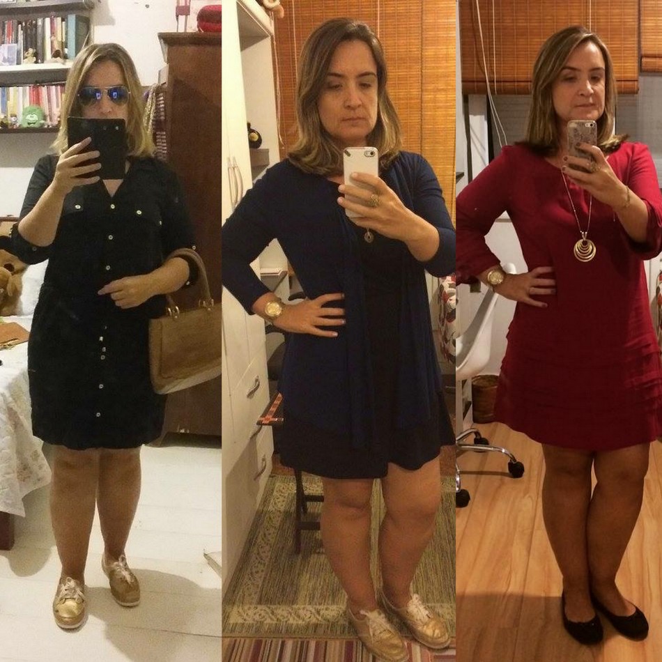 Sabrina usa vestido curto com mangas nas cores preto, azul e vermelho
