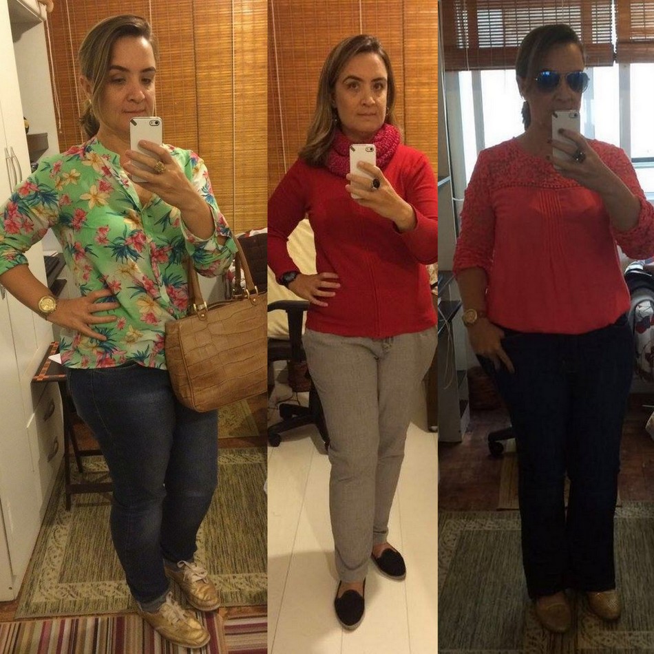 Sabrina usa calça jeans com camisa verde florida, calça cinza com malha vermelha, calça preta com blusa laranja