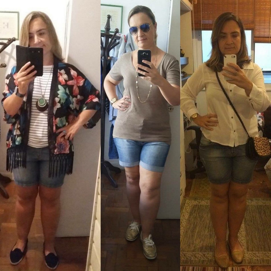 Sabrina usa shorts jeans com blusa branca e kimono colorido, shortinho com blusa bege e shortinho jeans com camisa branca